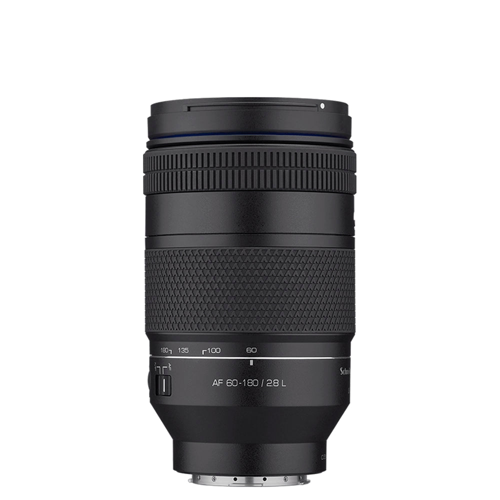 Samyang AF 60-180mm F2.8 L-mount zoom lens standing upright, showing the zoom scale and AF 60-180 2.8 L barrel marking