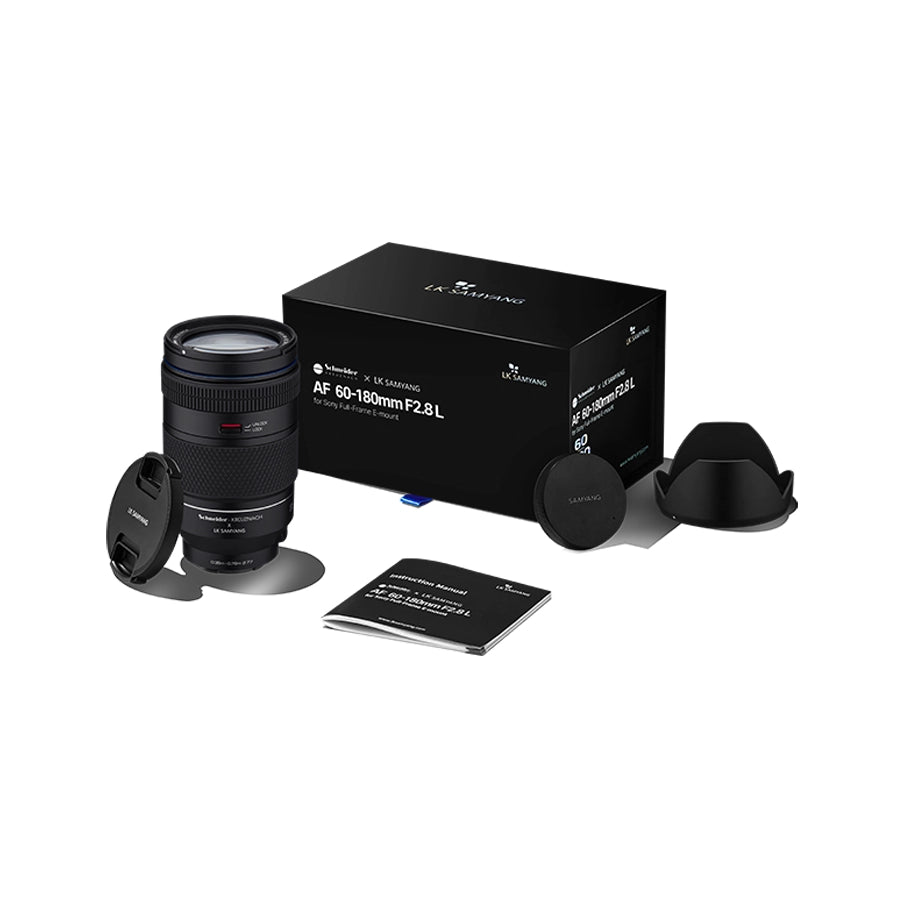 Samyang AF 60-180mm F2.8 L-mount lens with its box, petal lens hood, caps and instruction manual