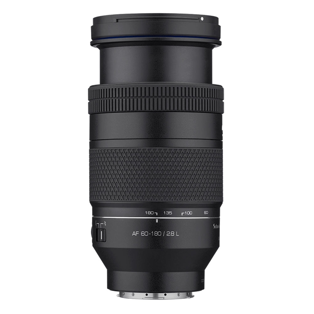 Angled view of the Samyang AF 60-180mm F2.8 L-mount lens with the 60-180mm zoom scale and AF/MF switch visible