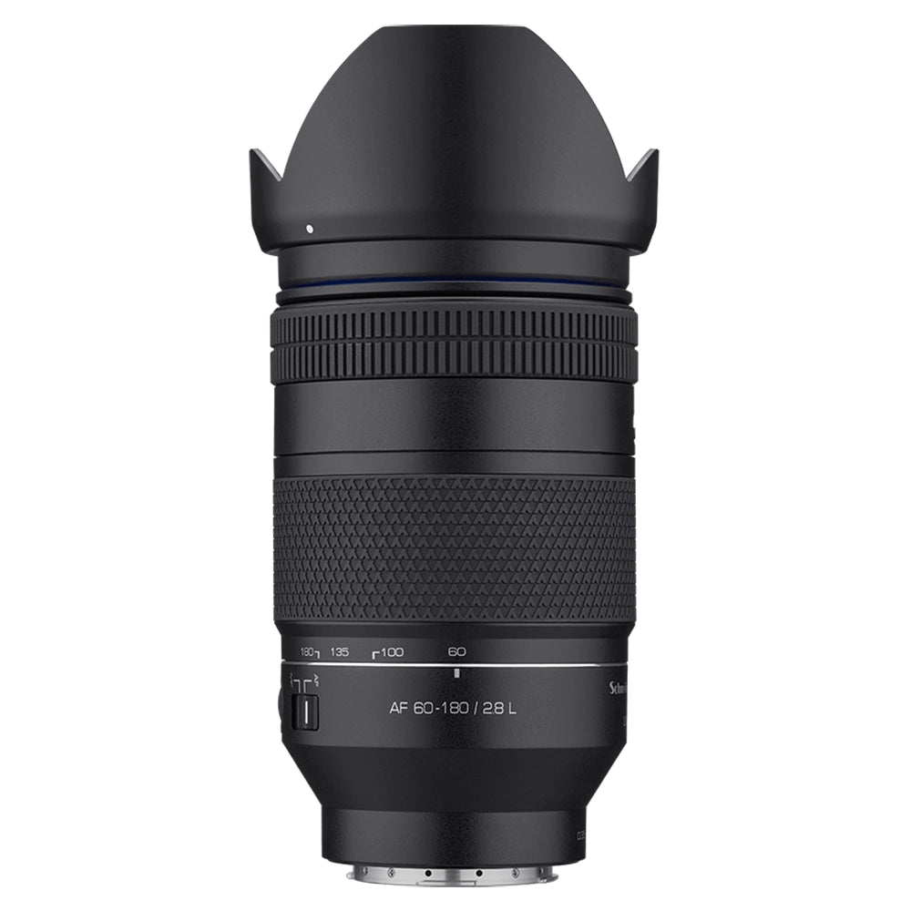 Samyang AF 60-180mm F2.8 L-mount telephoto zoom lens, angled side view on a white background