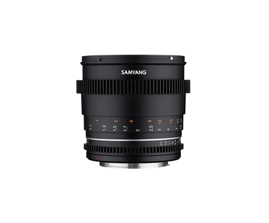 A Samyang camera lens in matte black with white brand lettering and orange focus distance markings, shown against a solid white background.