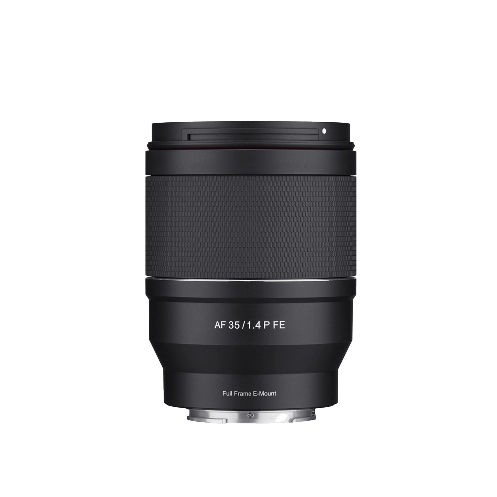 Samyang AF 35mm F1.4 P FE lens, a compact and lightweight full-frame prime lens with a black matte finish.