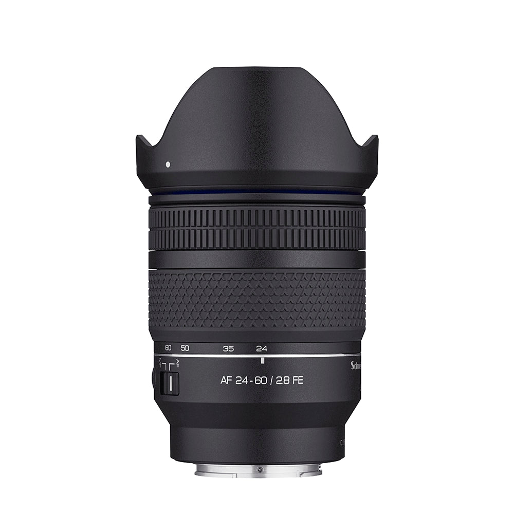 Camera lens 24-60mm/ f2.8 FE with a hood on a white background