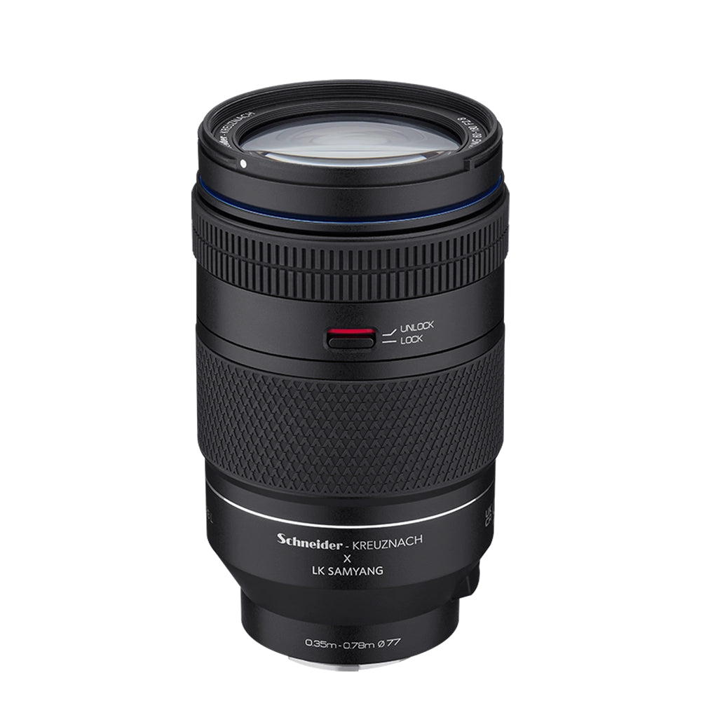 Samyang AF 60-180mm F2.8 L-mount lens showing the Schneider-Kreuznach x LK SAMYANG branding and Ø77mm filter marking