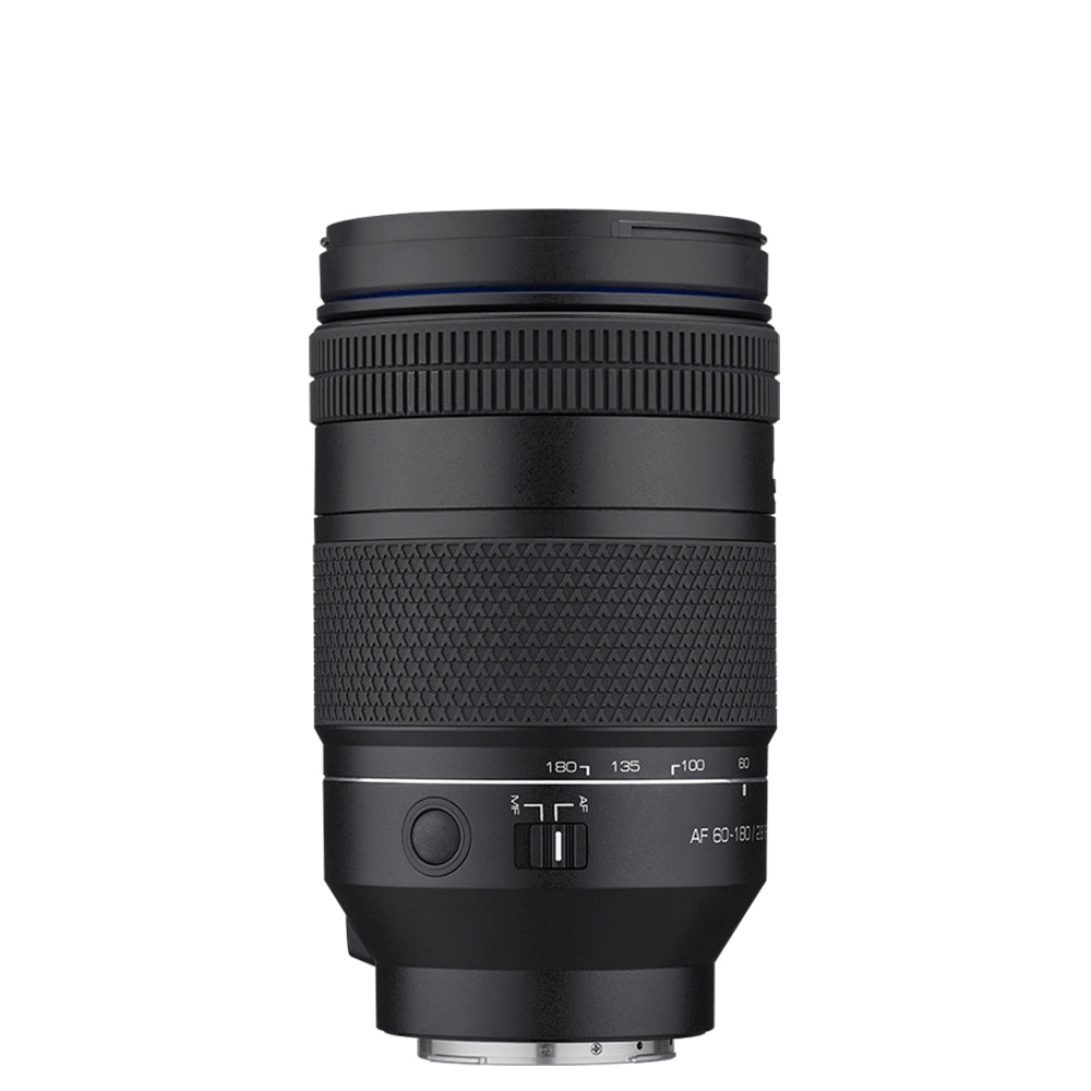 Side view of the Samyang AF 60-180mm F2.8 L-mount lens showing the focus hold button and AF/MF switch panel