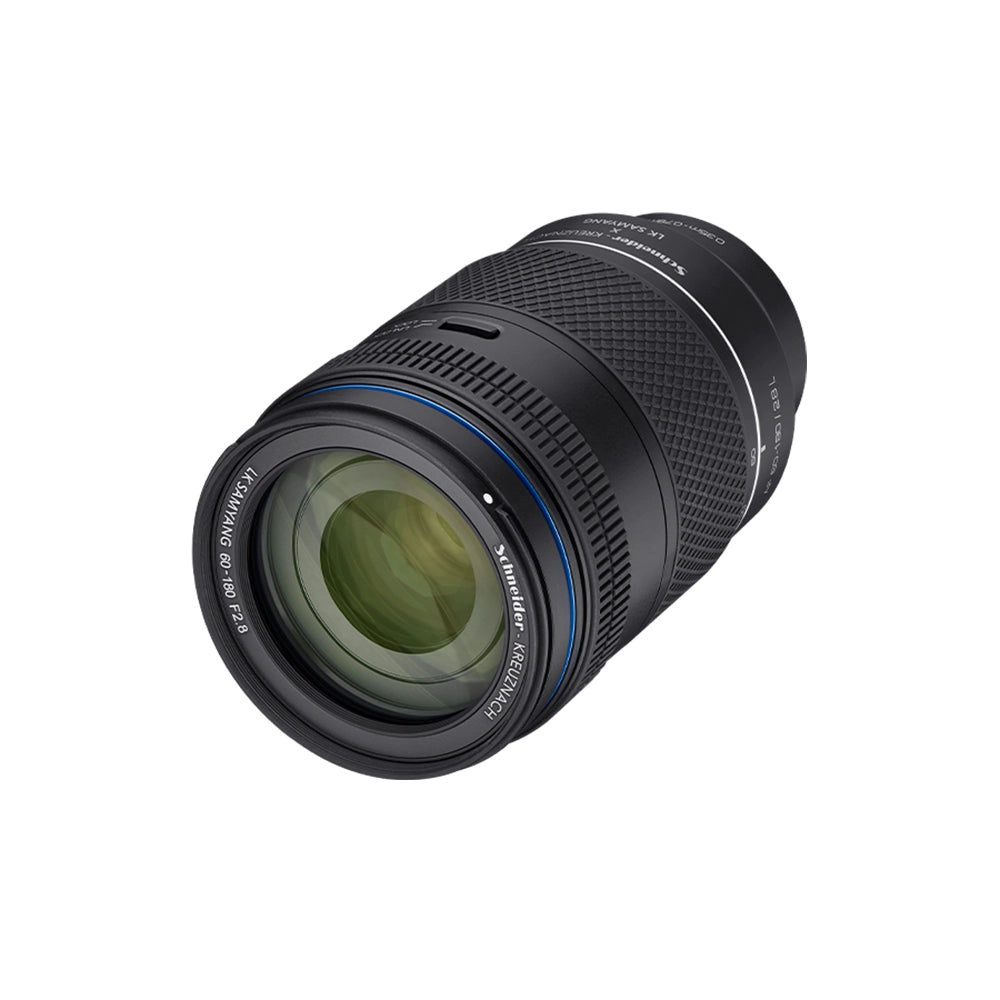 Samyang AF 60-180mm F2.8 L-mount lens tilted to show the UMC-coated front element
