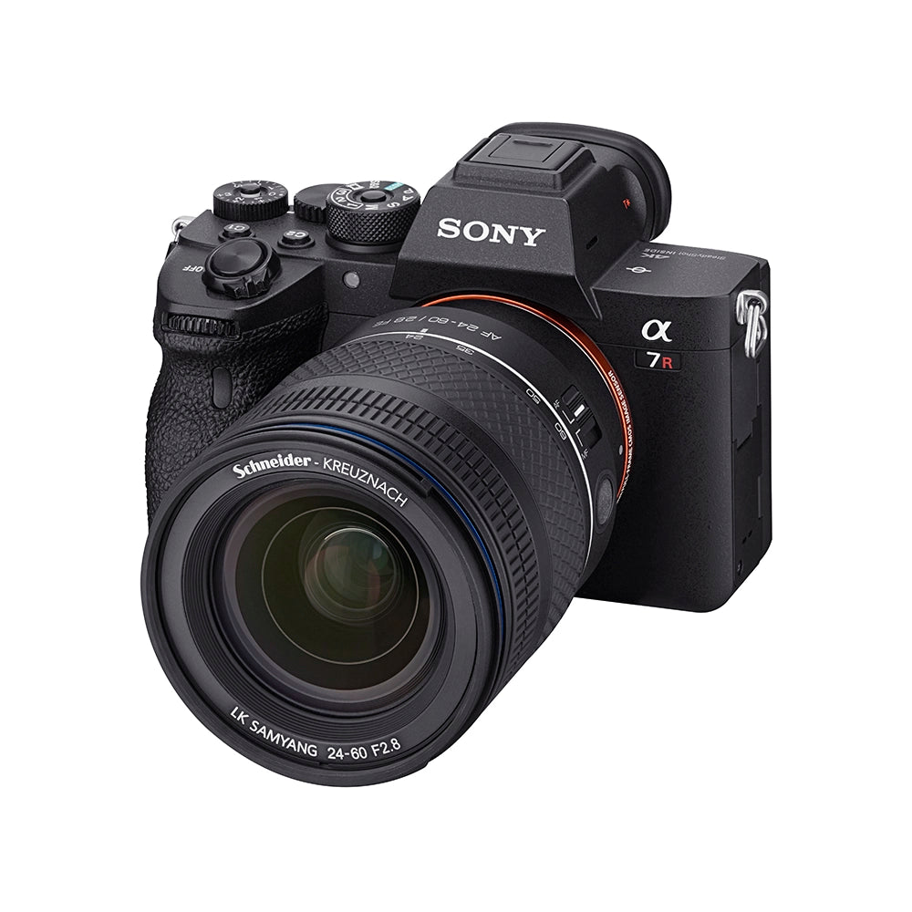 Sony camera with Samyang & Schneider Kreuznach lens on a white background